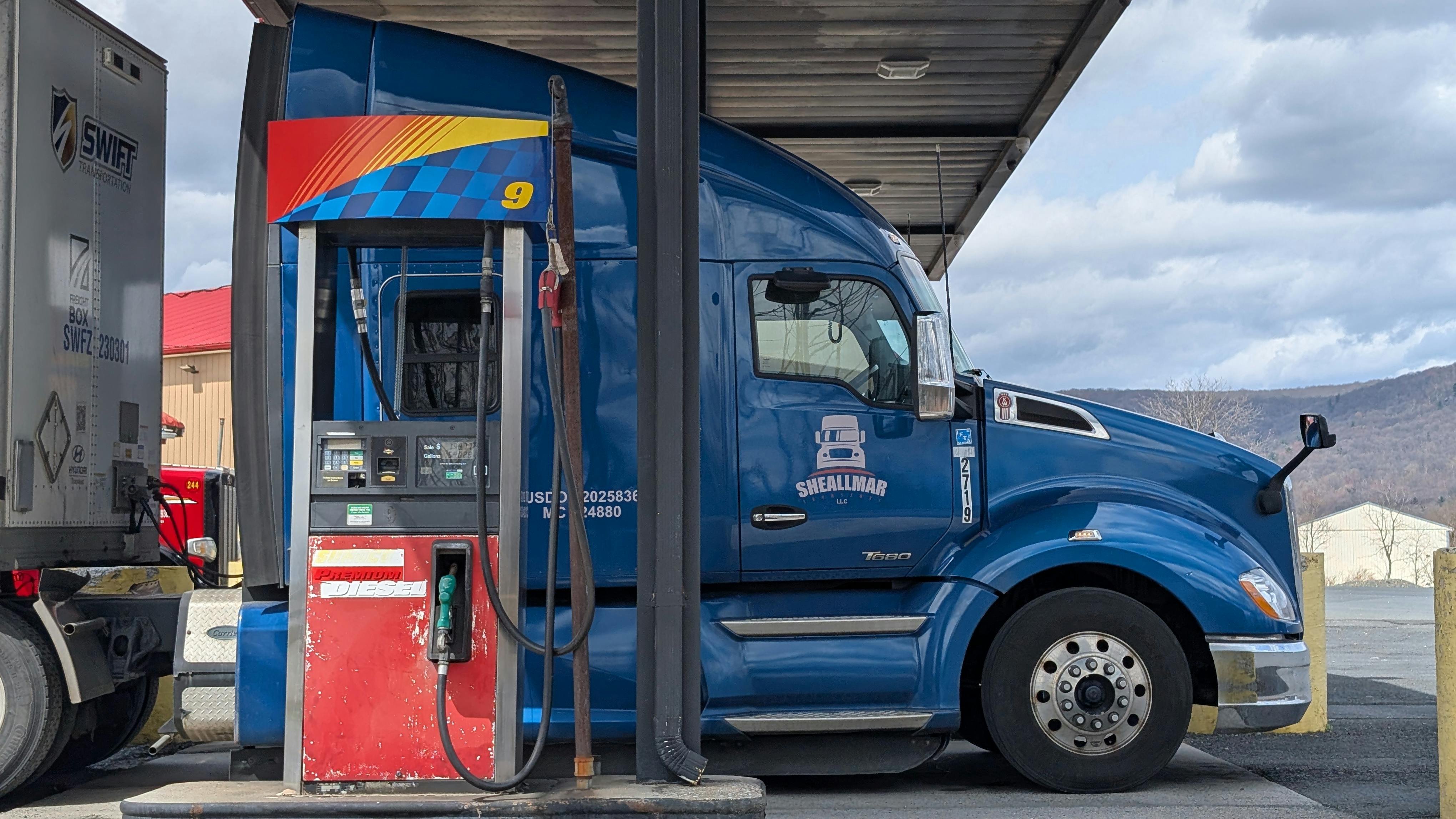 A semi truck stops to refuel at a travel center in Ohio.