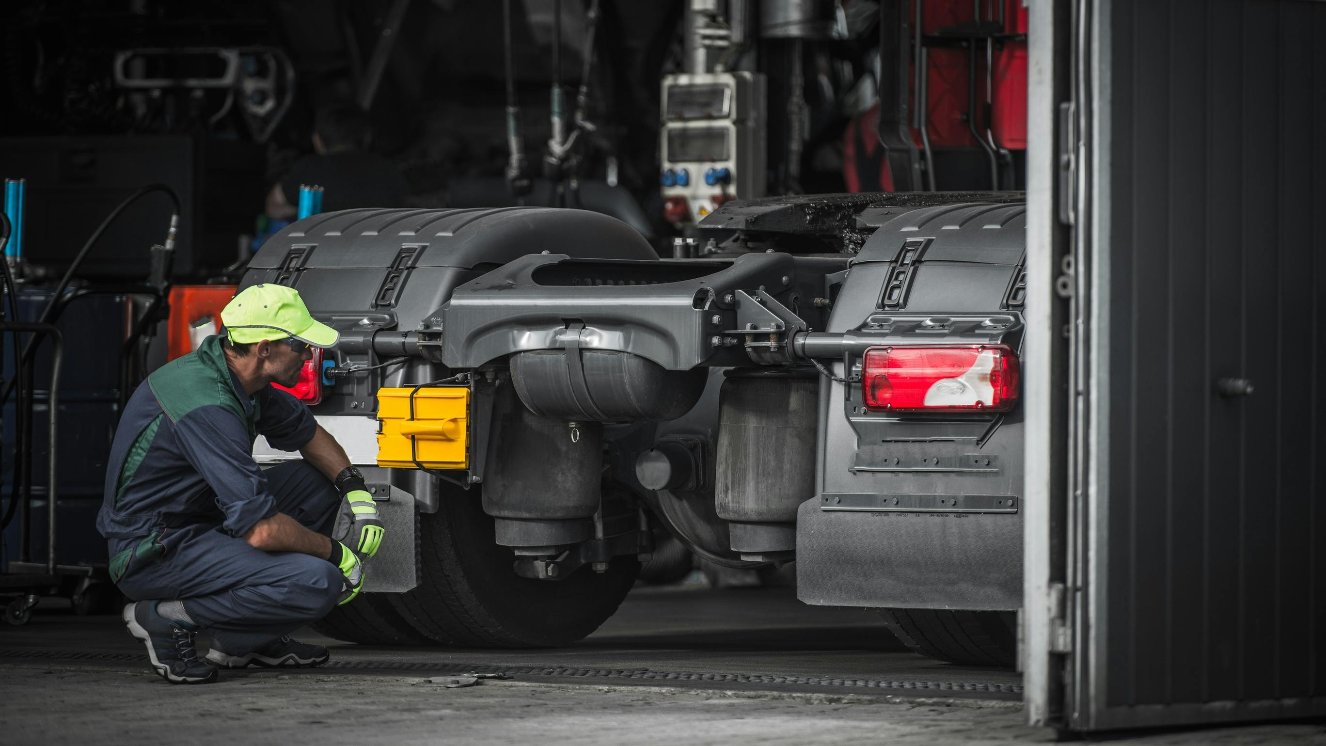 Truck technician checking rear axle and brake components on a commercial vehicle for Brake Safety Week preparation