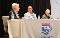 John Larkin, an advisor with Clarendon Capital, at left, discusses the outlook for refrigerated carriers with Sam Anderson, Bay and Bay Transportation president and CEO, in middle, and Marten Transport CEO Tim Kohl. John Larkin, an advisor with Clarendon Capital, at left, discusses the outlook for refrigerated carriers with Sam Anderson, Bay and Bay Transportation president and CEO, in middle, and Marten Transport CEO Tim Kohl.