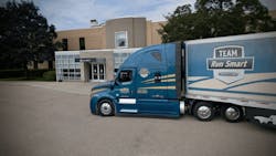 Albert Transport Freightliner Team Run Smart truck parked outside Detroit Diesel building, showcasing fuel-efficient fleet operations. Albert Transport Freightliner Team Run Smart truck parked outside Detroit Diesel building, showcasing fuel-efficient fleet operations.