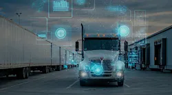 Semi-truck with digital technology overlays representing fleet management, diagnostics, and AI solutions in the trucking industry.