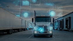 Semi-truck with digital technology overlays representing fleet management, diagnostics, and AI solutions in the trucking industry. Semi-truck with digital technology overlays representing fleet management, diagnostics, and AI solutions in the trucking industry.