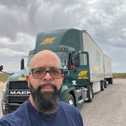 Luis Davila, ABF Freight driver from Rio Rancho, New Mexico, poses in front of his truck after being named a TCA Highway Angel for aiding an elderly scooter crash victim. Luis Davila, ABF Freight driver from Rio Rancho, New Mexico, poses in front of his truck after being named a TCA Highway Angel for aiding an elderly scooter crash victim.