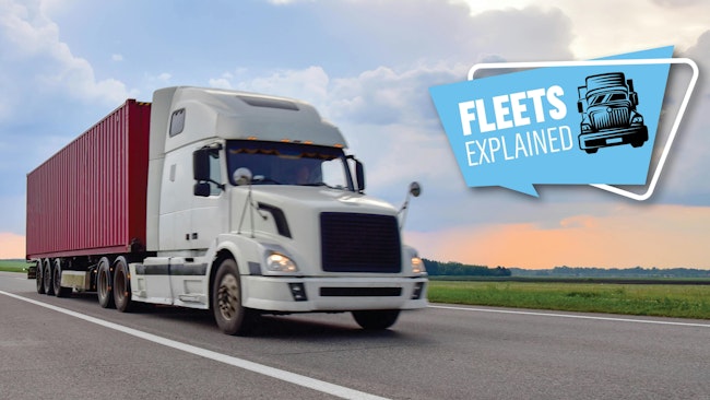 White semi-truck hauling a red shipping container on highway with “Fleets Explained” graphic overlay, symbolizing trucking industry and fleet management.