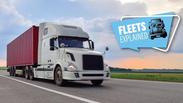 White semi-truck hauling a red shipping container on highway with “Fleets Explained” graphic overlay, symbolizing trucking industry and fleet management.