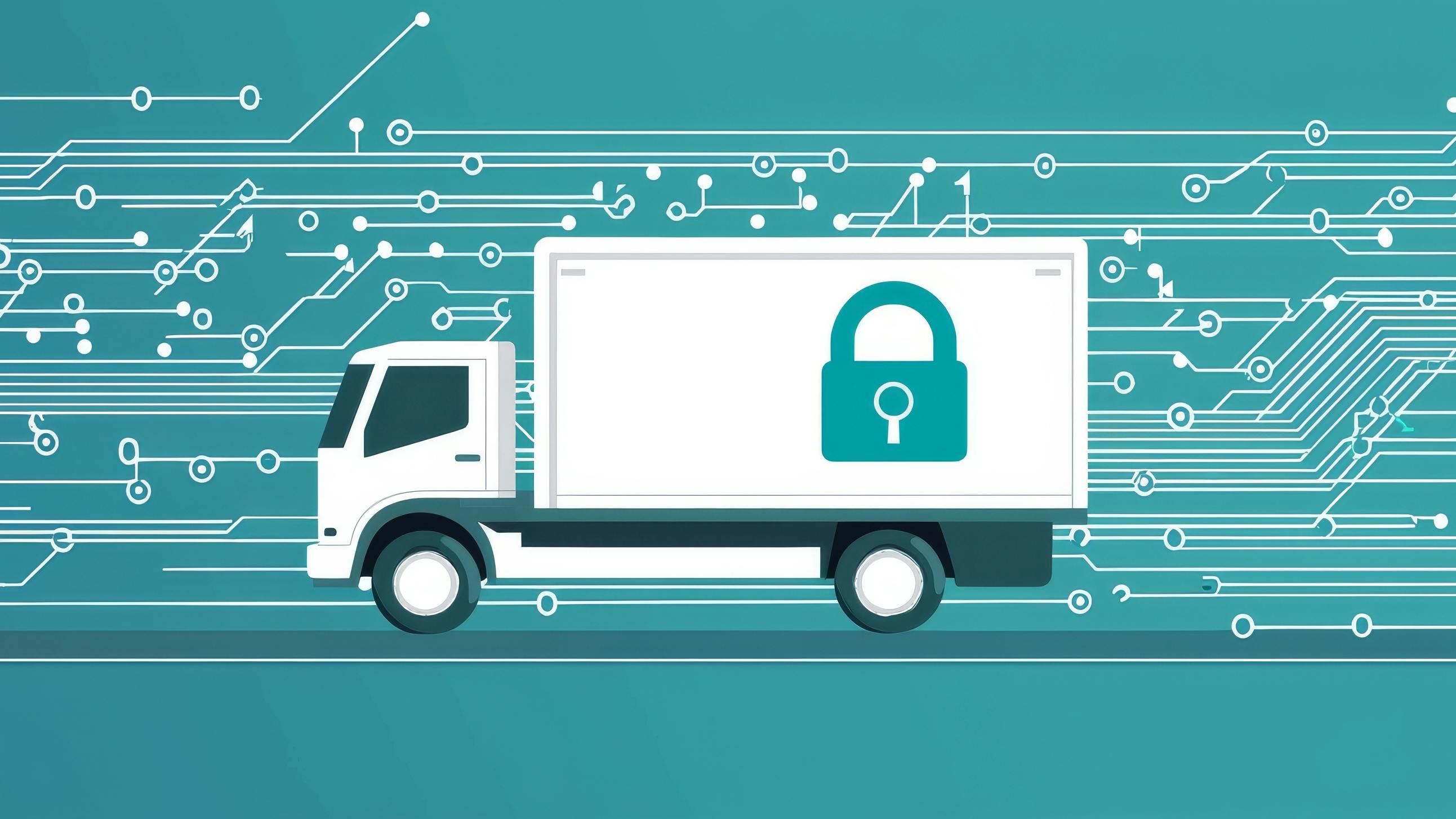 Illustration of a connected truck with a cybersecurity padlock symbol, representing data protection and digital security in the trucking industry.