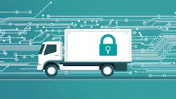 Illustration of a connected truck with a cybersecurity padlock symbol, representing data protection and digital security in the trucking industry. Illustration of a connected truck with a cybersecurity padlock symbol, representing data protection and digital security in the trucking industry.