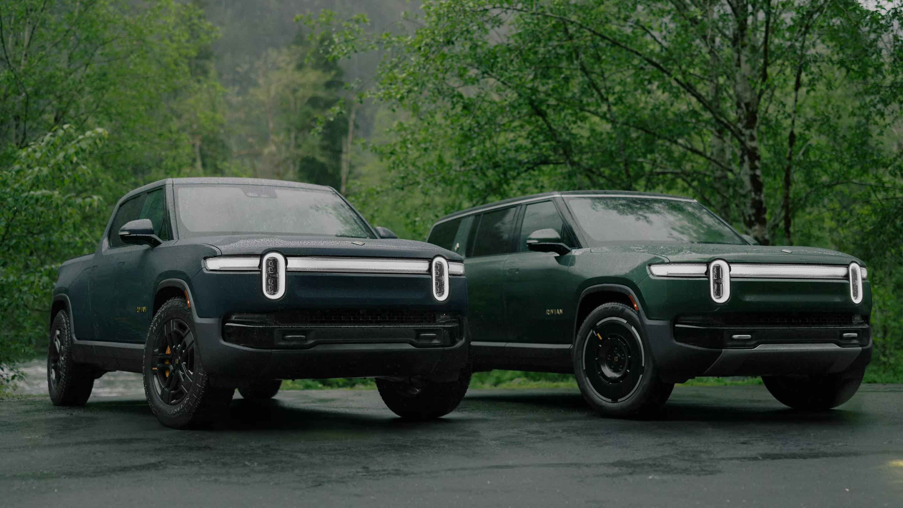 2024 Rivian R1T electric pickup and R1S electric SUV parked in an outdoor setting, highlighting their sleek designs, LED lighting, and all-electric off-road capabilities.
