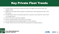 More than 100 private fleets—transportation organizations that support non-trucking businesses—participated in the National Private Truck Council’s 2025 Benchmarking Survey Report. These seven trends were highlighted by the report authors. More than 100 private fleets—transportation organizations that support non-trucking businesses—participated in the National Private Truck Council’s 2025 Benchmarking Survey Report. These seven trends were highlighted by the report authors.