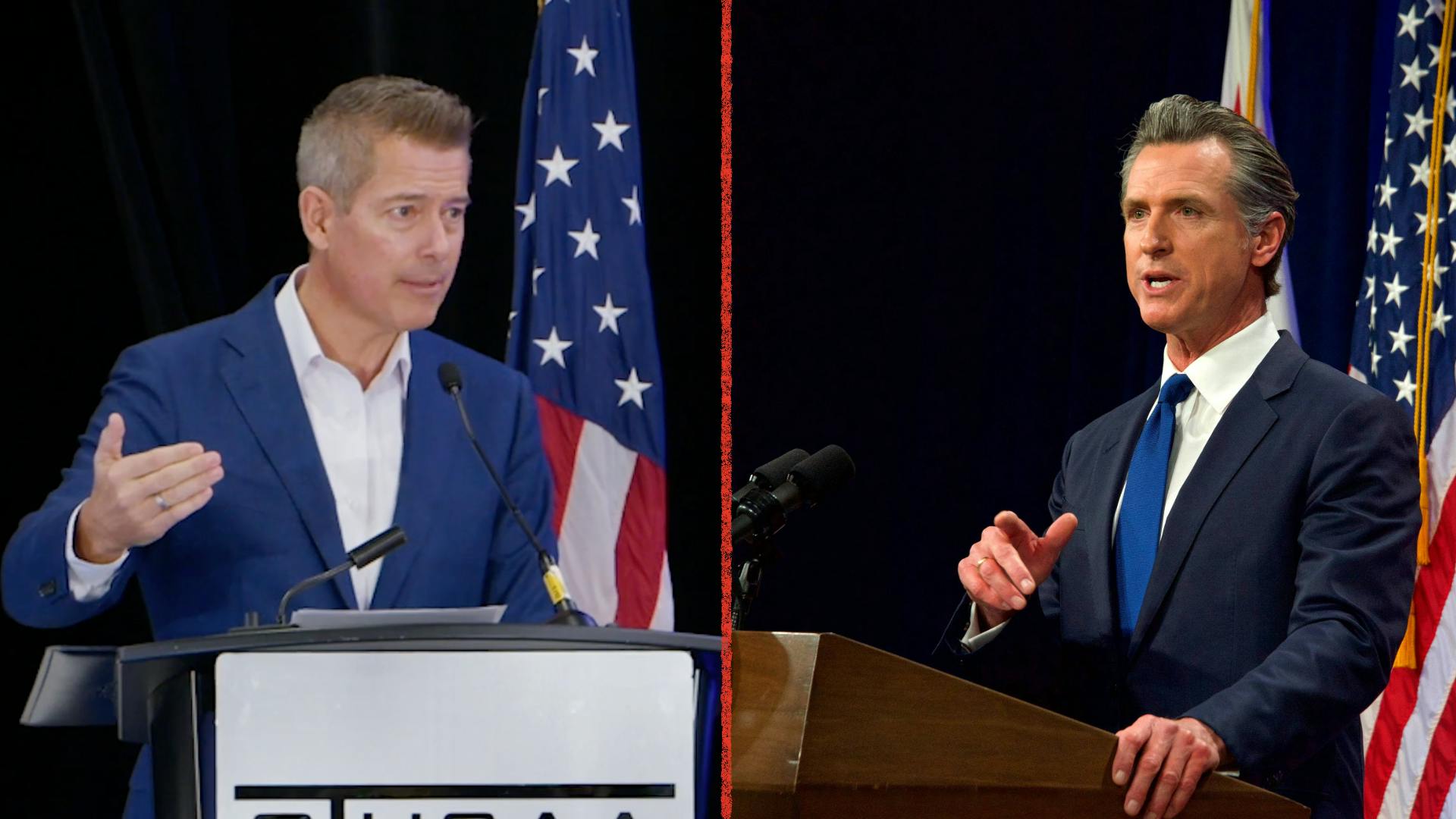 Duffy at podium opposite Newsom at podium, conflict concept