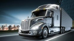 The Model 589, Peterbilt’s premium work truck, now features LED pod headlights on the distinctive cab. The new lights use 30% less power than halogen while providing maximum light output, including 45-degree left and right low beams. The Model 589, Peterbilt’s premium work truck, now features LED pod headlights on the distinctive cab. The new lights use 30% less power than halogen while providing maximum light output, including 45-degree left and right low beams.