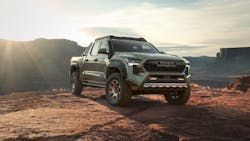 The Toyota Tacoma features a high-clearance front bumper on TRD Pro and Trailhunter trims. The Trailhunter also features 33-inch tires, fog lights, a steel rear bumper, an onboard air compressor, and more. The Toyota Tacoma features a high-clearance front bumper on TRD Pro and Trailhunter trims. The Trailhunter also features 33-inch tires, fog lights, a steel rear bumper, an onboard air compressor, and more.