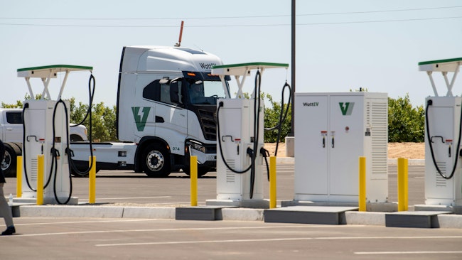 electric truck stops at Watt EV public charging depot in Southern California