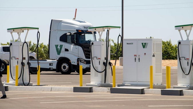 electric truck stops at Watt EV public charging depot in Southern California