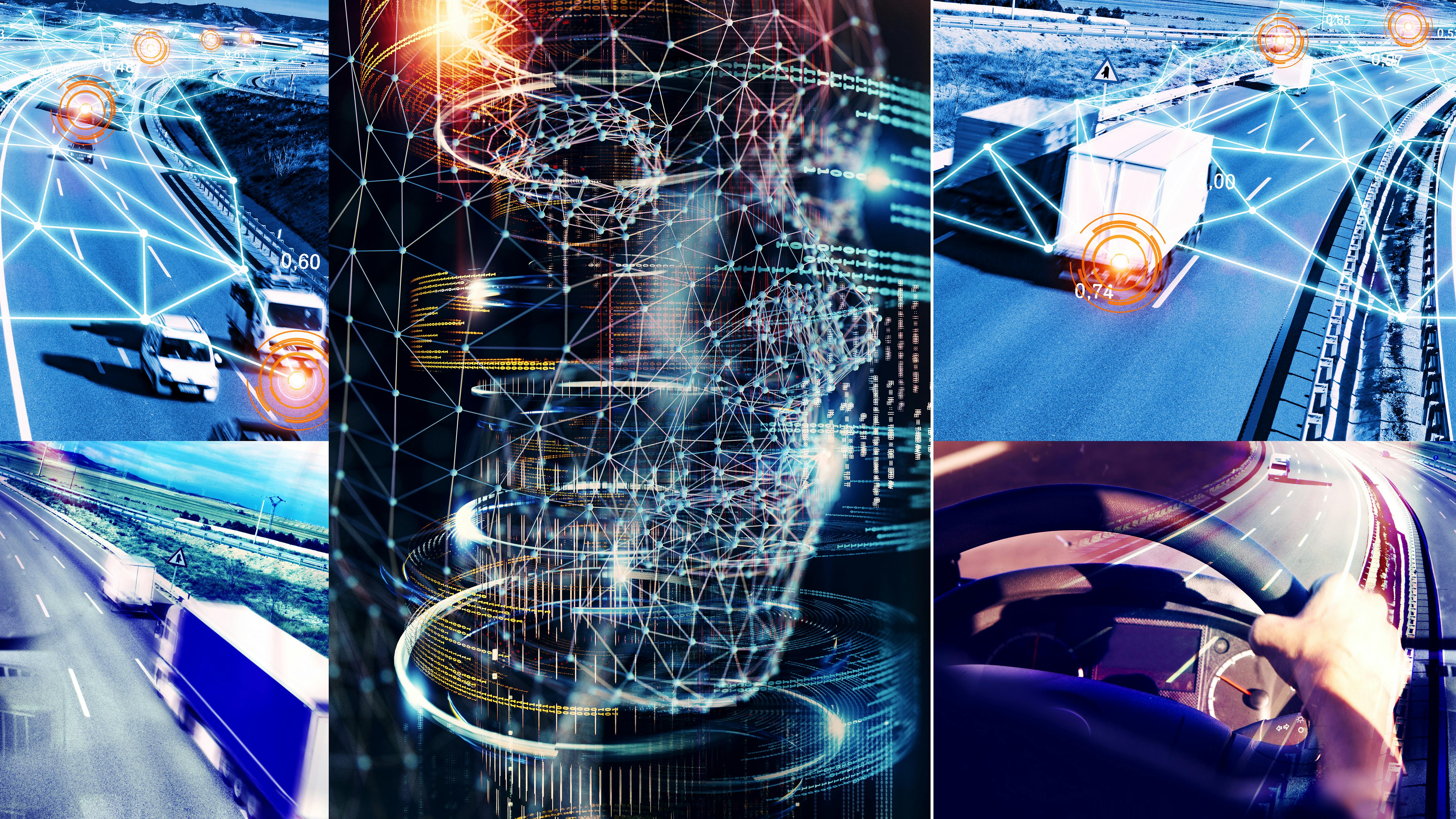 Digital illustration showing semi-trucks, a logistics hub, and cargo ships with glowing data overlays and a prominent AI icon, representing the fusion of artificial intelligence and physical freight operations.