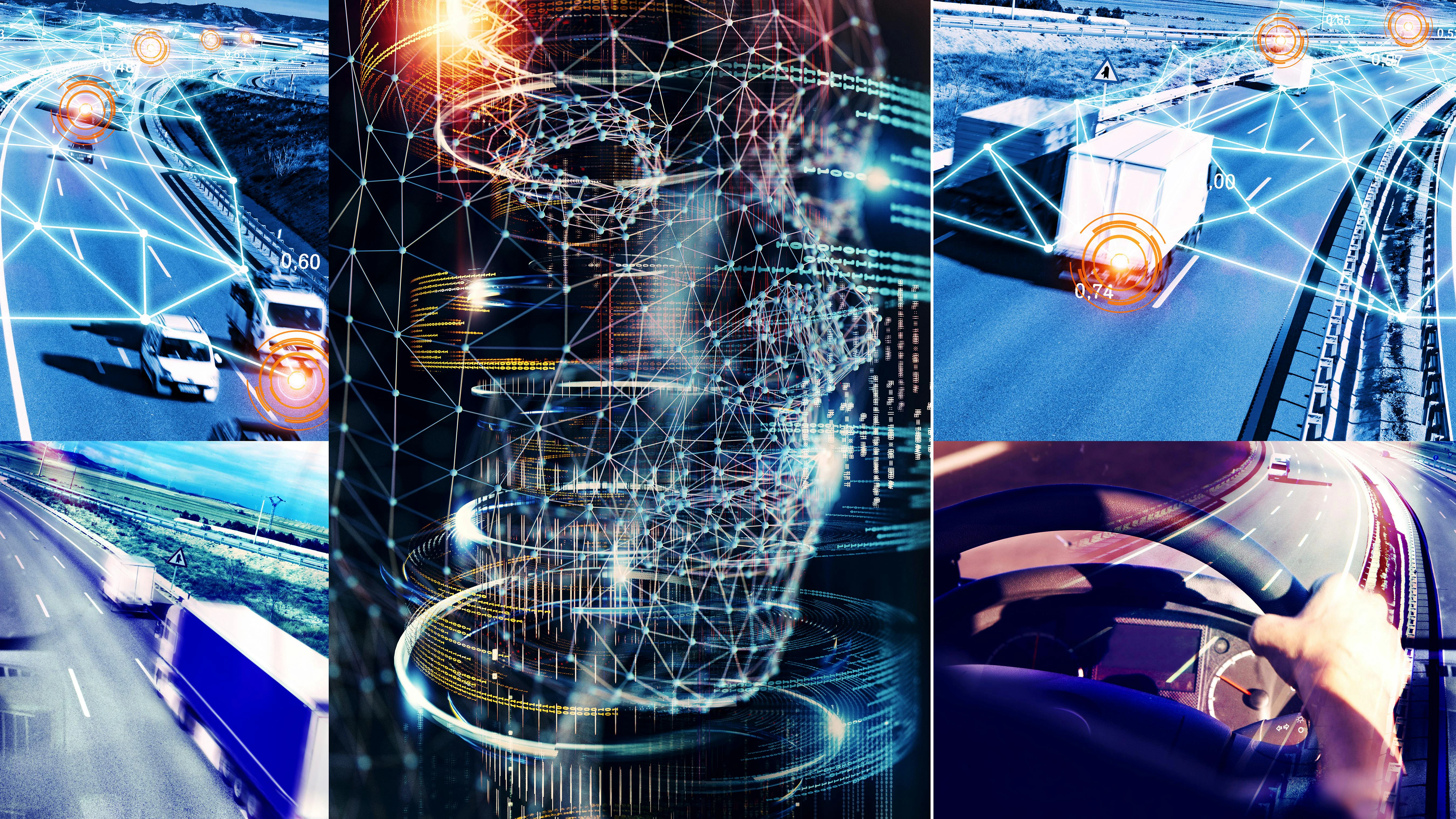 Digital illustration showing semi-trucks, a logistics hub, and cargo ships with glowing data overlays and a prominent AI icon, representing the fusion of artificial intelligence and physical freight operations.