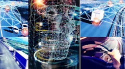 Digital illustration showing semi-trucks, a logistics hub, and cargo ships with glowing data overlays and a prominent AI icon, representing the fusion of artificial intelligence and physical freight operations. Digital illustration showing semi-trucks, a logistics hub, and cargo ships with glowing data overlays and a prominent AI icon, representing the fusion of artificial intelligence and physical freight operations.