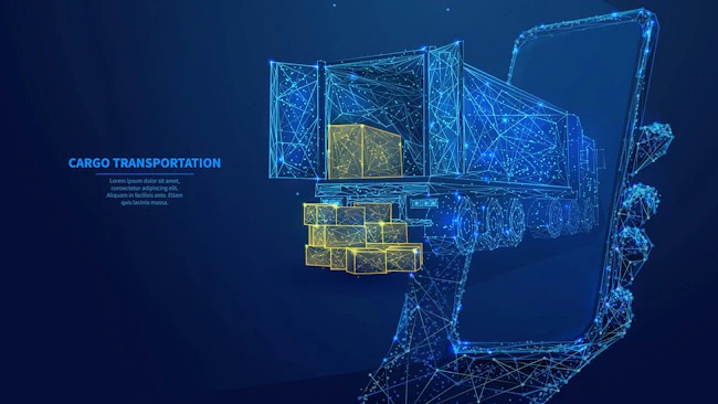 A stylized digital illustration showing a blue wireframe semi-truck and cargo boxes emerging from a smartphone screen against a dark blue background, symbolizing the digital transformation of cargo transportation and real-time logistics tracking.