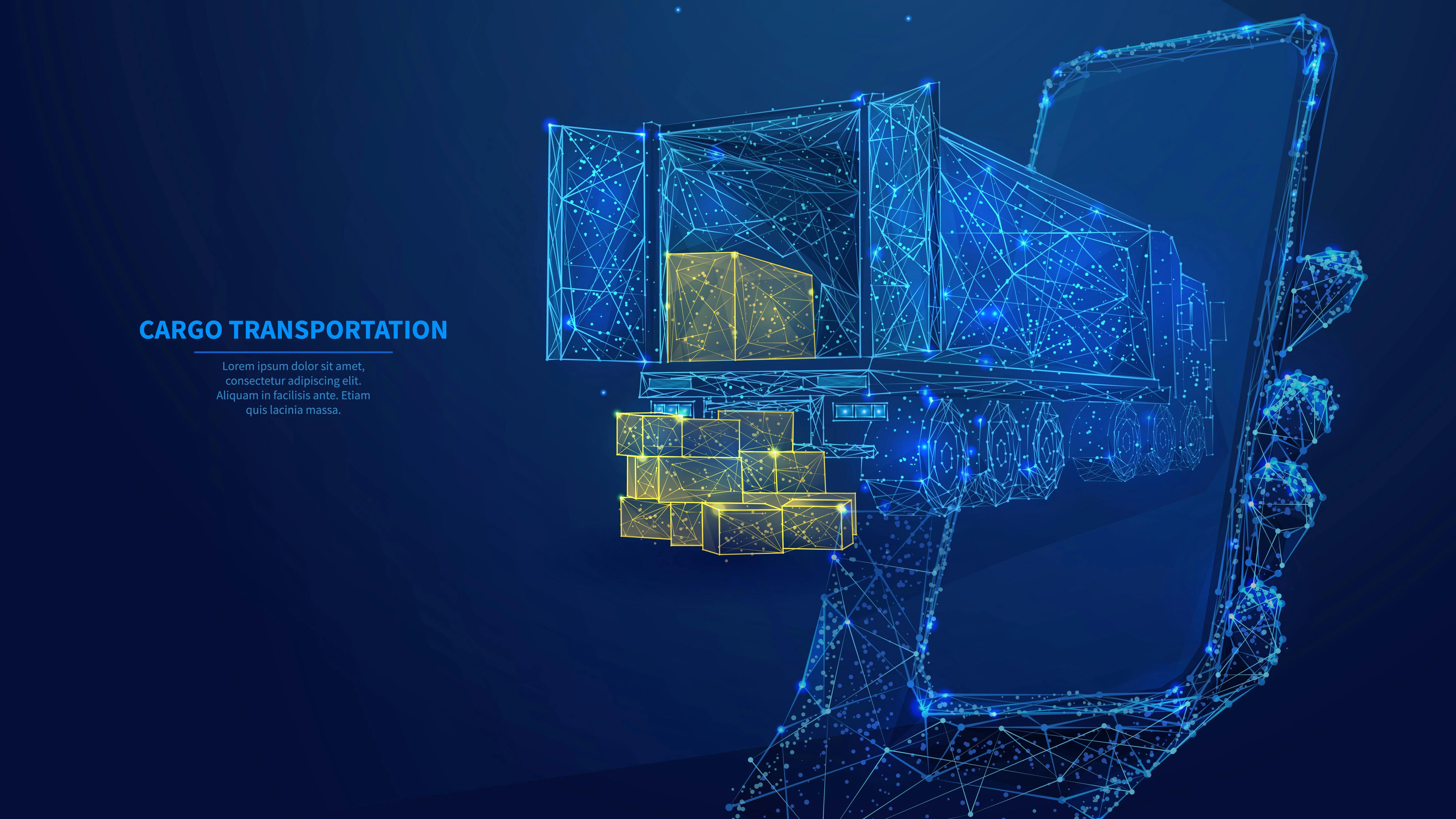 A stylized digital illustration showing a blue wireframe semi-truck and cargo boxes emerging from a smartphone screen against a dark blue background, symbolizing the digital transformation of cargo transportation and real-time logistics tracking.