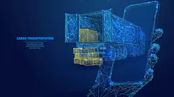 A stylized digital illustration showing a blue wireframe semi-truck and cargo boxes emerging from a smartphone screen against a dark blue background, symbolizing the digital transformation of cargo transportation and real-time logistics tracking. A stylized digital illustration showing a blue wireframe semi-truck and cargo boxes emerging from a smartphone screen against a dark blue background, symbolizing the digital transformation of cargo transportation and real-time logistics tracking.