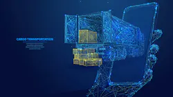 A stylized digital illustration showing a blue wireframe semi-truck and cargo boxes emerging from a smartphone screen against a dark blue background, symbolizing the digital transformation of cargo transportation and real-time logistics tracking.