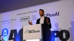 Lars Johansson, head of TTI Truck Technology at Volvo Group, speaks at a podium during a clean transportation market workshop at the ACT Expo. Lars Johansson, head of TTI Truck Technology at Volvo Group, speaks at a podium during a clean transportation market workshop at the ACT Expo.