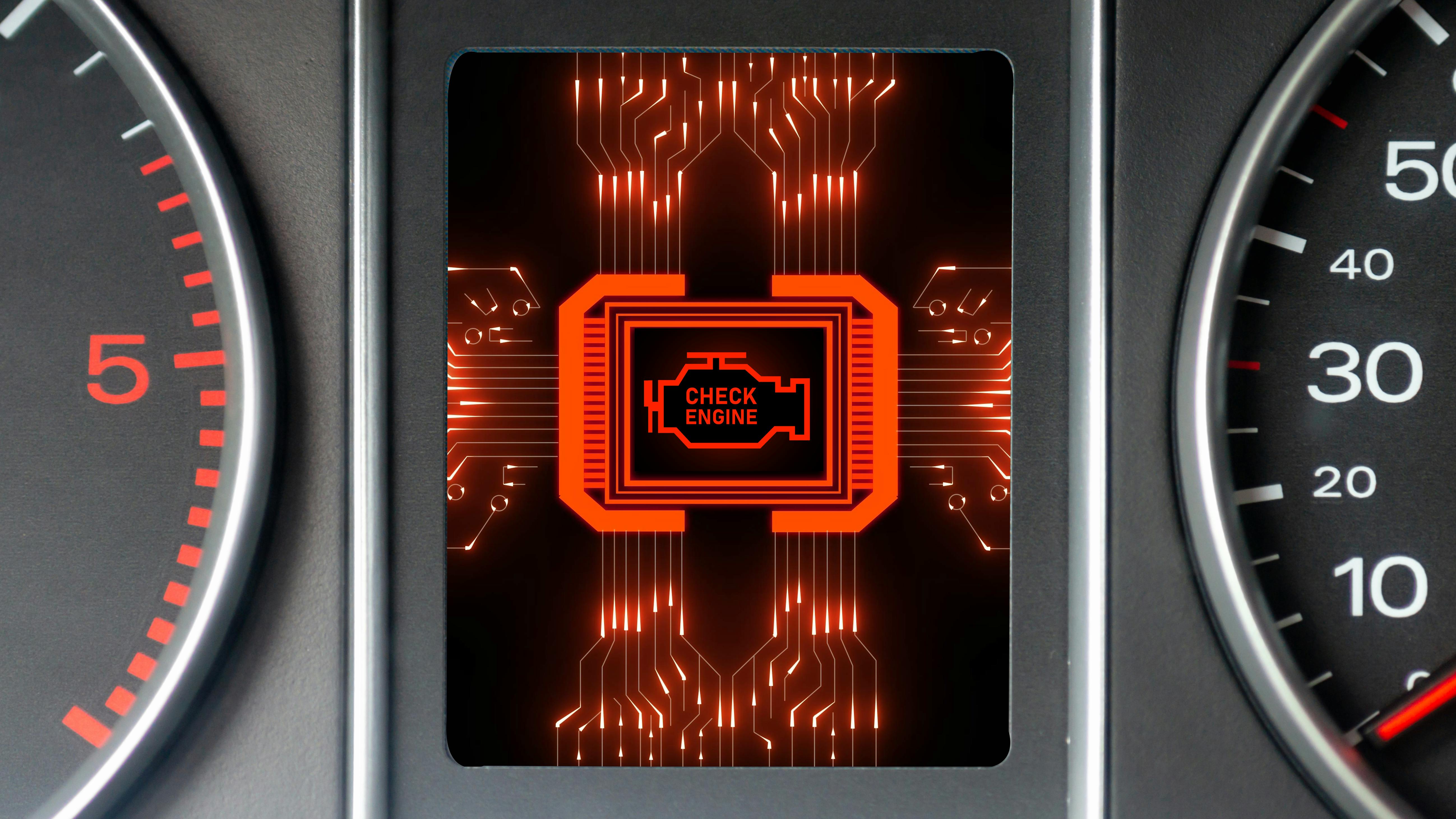 An artistic illustration of a truck's digital dashboard featuring a glowing red check engine light symbol surrounded by circuit board patterns, representing AI diagnostics.