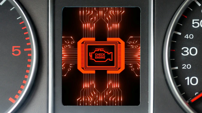 An artistic illustration of a truck's digital dashboard featuring a glowing red check engine light symbol surrounded by circuit board patterns, representing AI diagnostics.