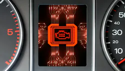 An artistic illustration of a truck's digital dashboard featuring a glowing red check engine light symbol surrounded by circuit board patterns, representing AI diagnostics. An artistic illustration of a truck's digital dashboard featuring a glowing red check engine light symbol surrounded by circuit board patterns, representing AI diagnostics.