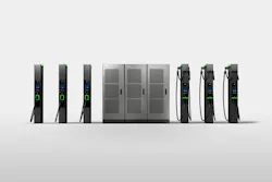 Three ABB M Series cabinets with EV chargers Three ABB M Series cabinets with EV chargers