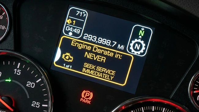 A Kenworth DEF derate warning message that ironically states 'DEF derate in: NEVER'