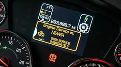A Kenworth DEF derate warning message that ironically states 'DEF derate in: NEVER'