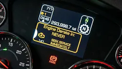 A Kenworth DEF derate warning message that ironically states 'DEF derate in: NEVER'
