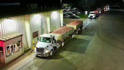 During harvest season, each Morning Star truck hauls two specially designed lightweight tomato trailers.