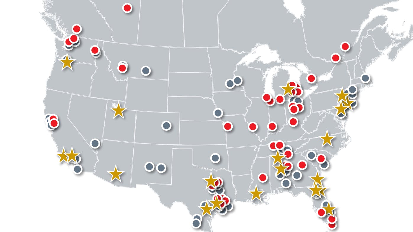 Some of Proficient's locations (in gray) overlap with those of Hansen & Adkins and the combined company will have a larger network of maintenance sites (stars).