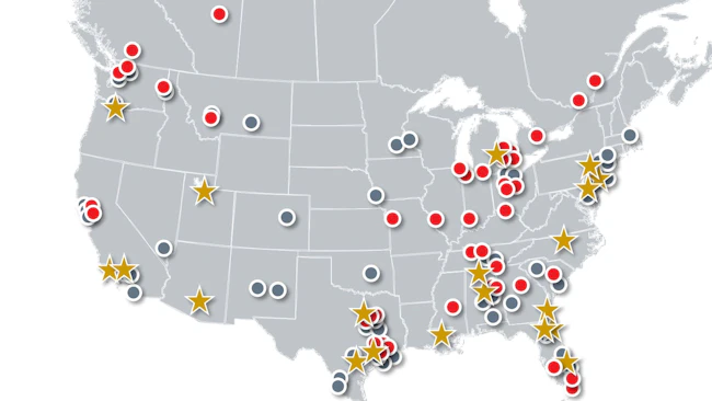 Some of Proficient's locations (in gray) overlap with those of Hansen & Adkins and the combined company will have a larger network of maintenance sites (stars).