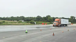 At the Transportation Research Center, a portion of the test track featured two different road surfaces, with a Jennite lane representing slippery, ice-like conditions in contrast to a normal asphalt surface in the other lane. This highlighted the difference between a 1M (single modulator) braking system, and 2M system with indepedent control for left- and right-side brakes.