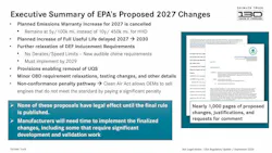 Presentation slide detailing EPA proposed changes for 2027 including cancelled warranty increases, useful life delays to 2030, and relaxed DEF inducement rules.
