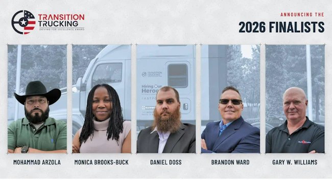 Gary W. Williams, a retired Army Command Sgt. Maj., is among five finalists for the prestigious Transition Trucking award, recognizing military veterans transitioning into commercial driving with outstanding safety and leadership.