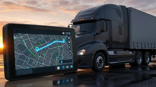 A digital tablet displaying an advanced GPS navigation and logistics tracking system monitors a sleek black semi-truck on the highway. The image represents the enhanced supply chain visibility and technology integration expected from C.H. Robinson's $5.8 billion acquisition of freight brokerage RXO.