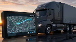 A digital tablet displaying an advanced GPS navigation and logistics tracking system monitors a sleek black semi-truck on the highway. The image represents the enhanced supply chain visibility and technology integration expected from C.H. Robinson's $5.8 billion acquisition of freight brokerage RXO.