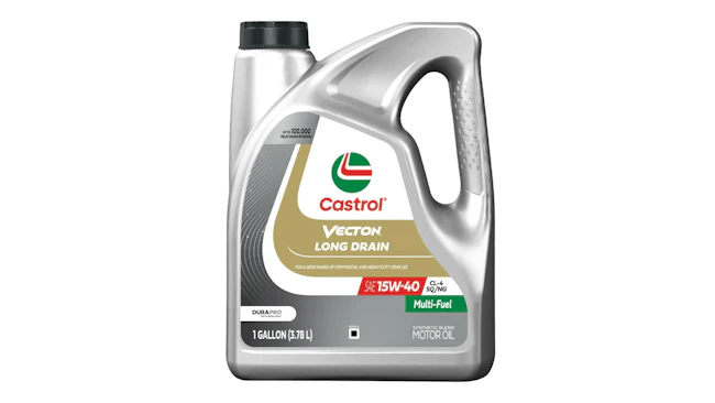 Castrol Vecton 15W-40 oil supports diesel, natural gas, and gasoline commercial truck engines