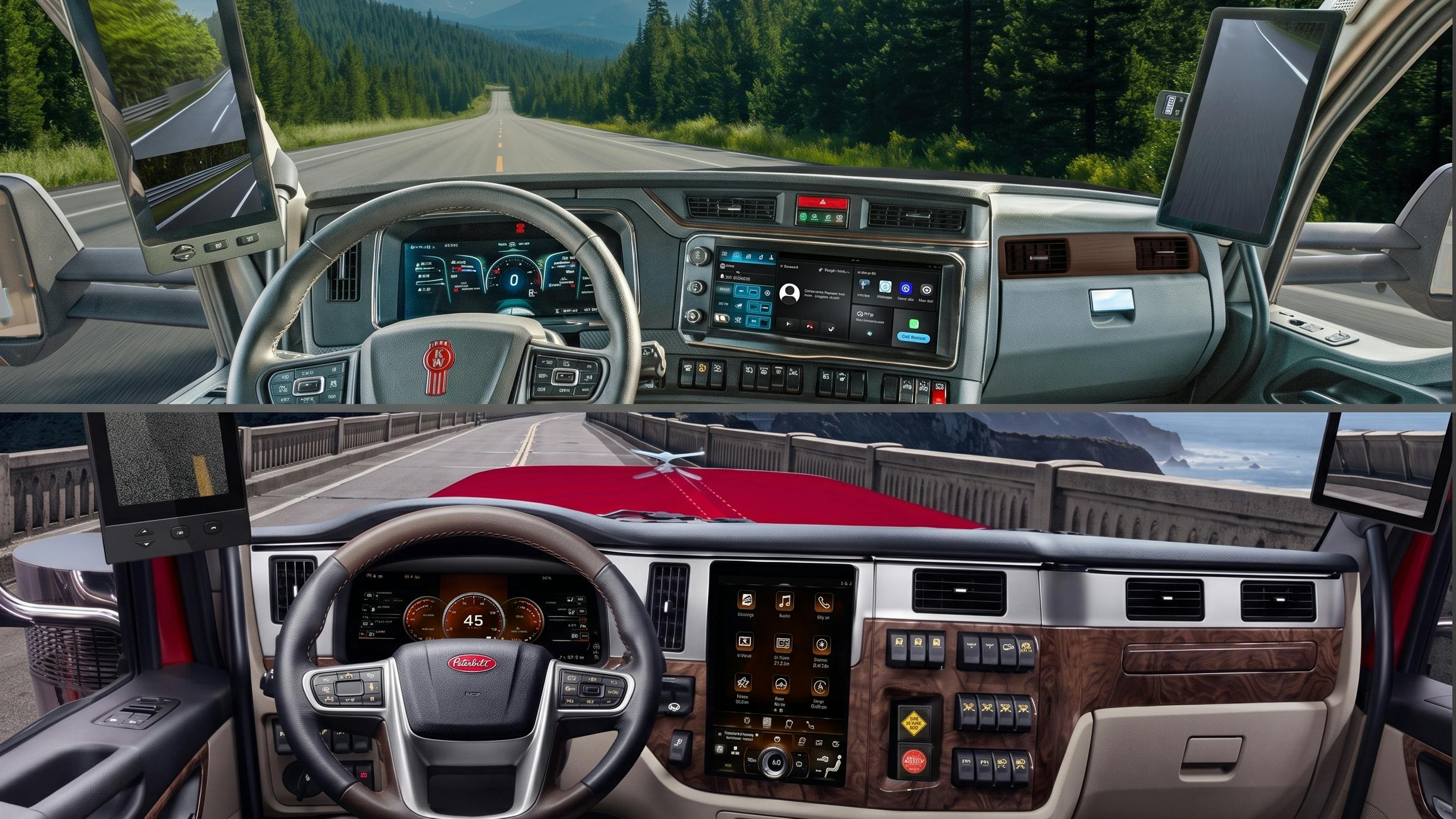 Side-by-side vertical split comparison showing the in-cab dash of a Kenworth T880 and T680 (top) with its 15-inch landscape display, and a Peterbilt 579, 589, and 567 (bottom) featuring its 13-inch portrait touchscreen display, highlighting Paccar Connect integration.