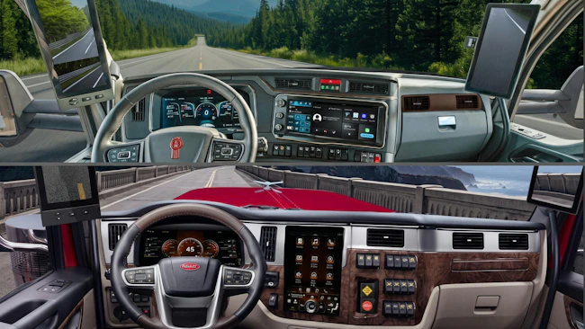 Side-by-side vertical split comparison showing the in-cab dash of a Kenworth T880 and T680 (top) with its 15-inch landscape display, and a Peterbilt 579, 589, and 567 (bottom) featuring its 13-inch portrait touchscreen display, highlighting Paccar Connect integration.