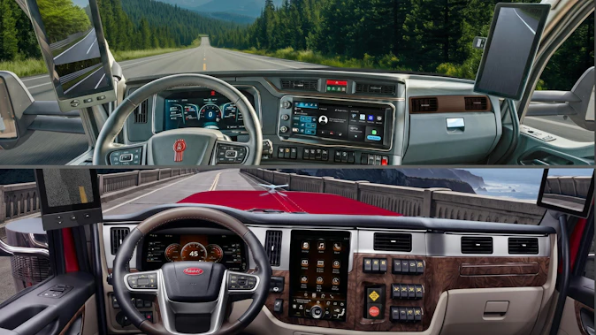 Side-by-side vertical split comparison showing the in-cab dash of a Kenworth T880 and T680 (top) with its 15-inch landscape display, and a Peterbilt 579, 589, and 567 (bottom) featuring its 13-inch portrait touchscreen display, highlighting Paccar Connect integration.