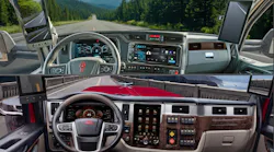 Side-by-side vertical split comparison showing the in-cab dash of a Kenworth T880 and T680 (top) with its 15-inch landscape display, and a Peterbilt 579, 589, and 567 (bottom) featuring its 13-inch portrait touchscreen display, highlighting Paccar Connect integration.