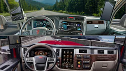 Side-by-side vertical split comparison showing the in-cab dash of a Kenworth T880 and T680 (top) with its 15-inch landscape display, and a Peterbilt 579, 589, and 567 (bottom) featuring its 13-inch portrait touchscreen display, highlighting Paccar Connect integration.