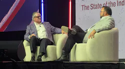 Outgoing ATA Chairman Greg Hodgen, left, and incoming Chairman Derek Leathers discuss recent legislative and regulatory victories from the MCE stage.