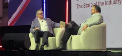 Outgoing ATA Chairman Greg Hodgen, left, and incoming Chairman Derek Leathers discuss recent legislative and regulatory victories from the MCE stage.